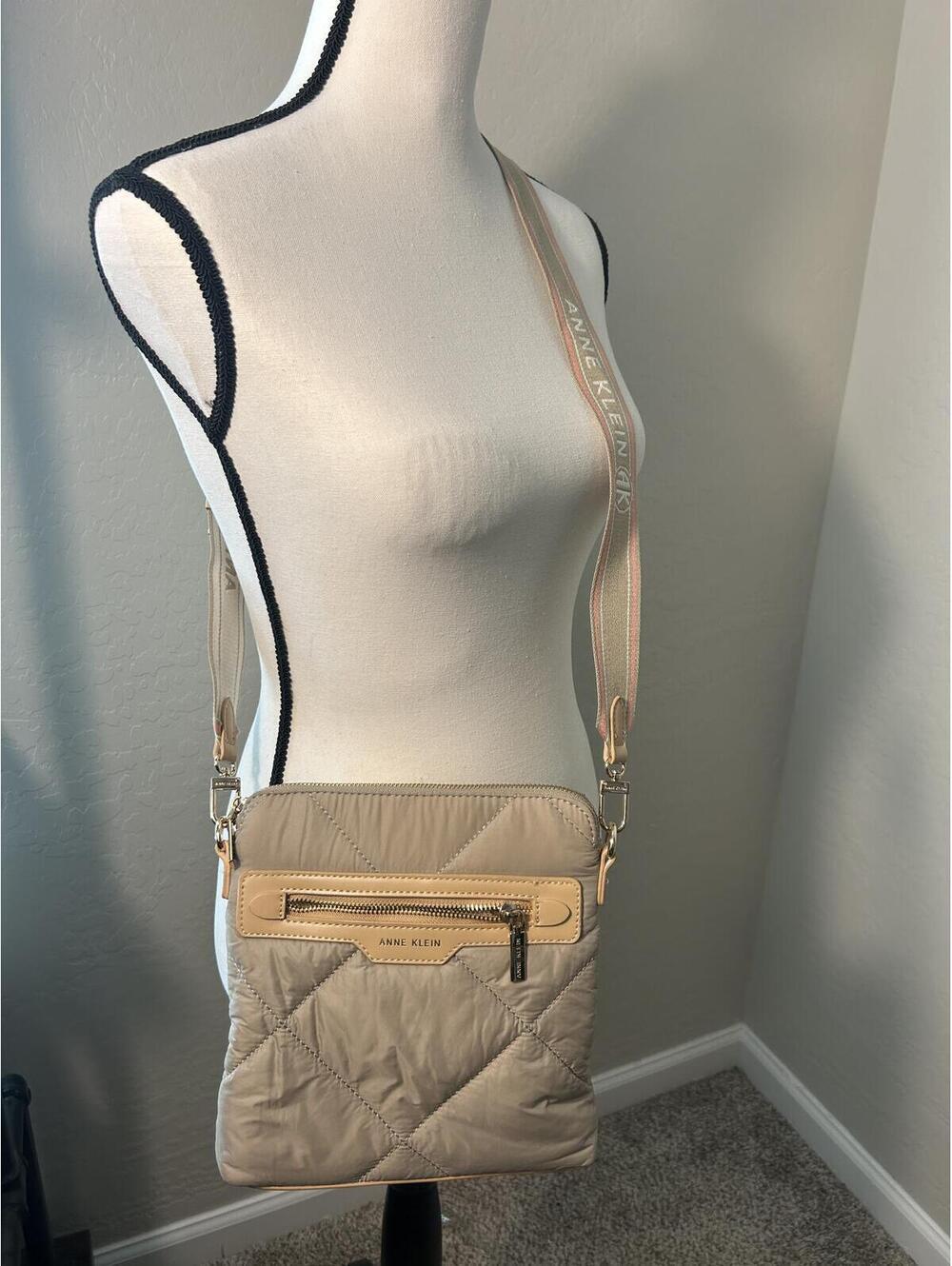 Anne Klein Quilted Crossbody Bag Beige Adjustable Logo Strap - Picture 2 of 8
